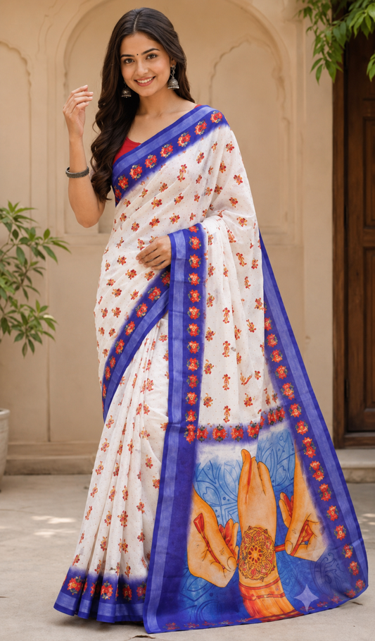 Elegant White Tussar Silk Saree with Blue Floral Border & Artistic Pallu