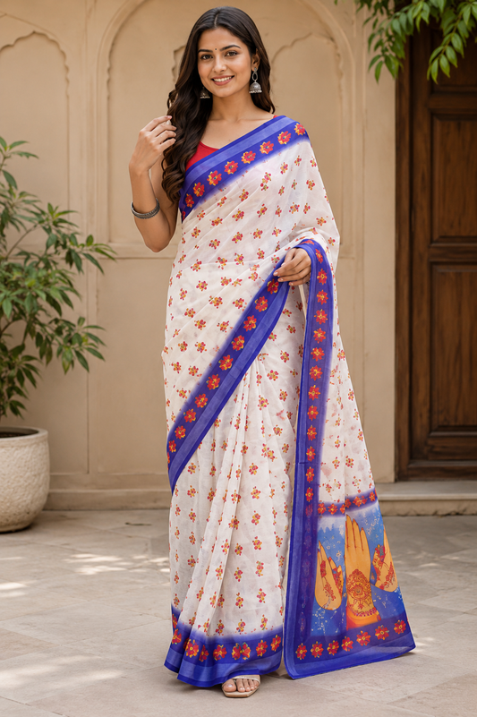 Elegant White Tussar Silk Saree with Blue Floral Border & Artistic Pallu