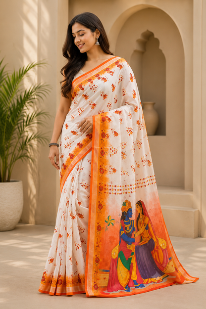 Designer White Tussar Silk Saree with Unstitched Blouse Piece