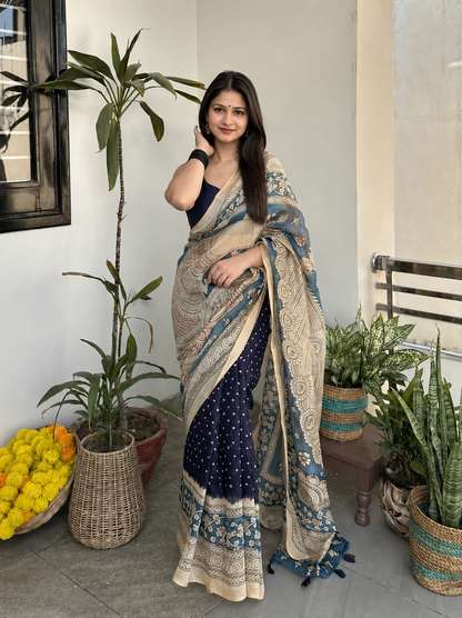 Classic Tussar Silk Floral Print Saree with Unstitched Blouse
