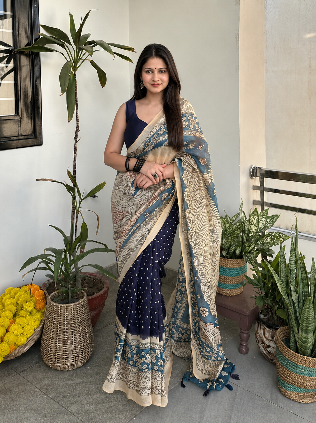 Classic Tussar Silk Floral Print Saree with Unstitched Blouse