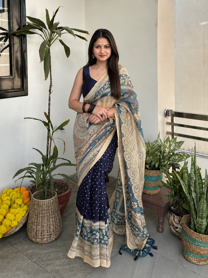 Classic Tussar Silk Floral Print Saree with Unstitched Blouse