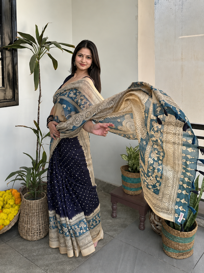 Classic Tussar Silk Floral Print Saree with Unstitched Blouse