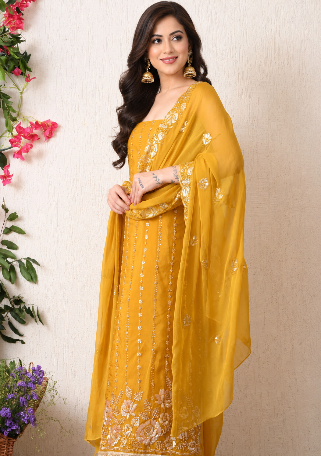 Floral Sequin Embroidered Kurta Pant Set with Organza Dupatta