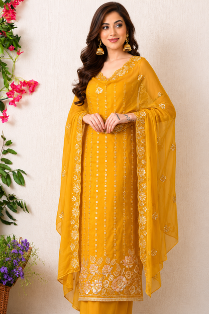 Floral Sequin Embroidered Kurta Pant Set with Organza Dupatta