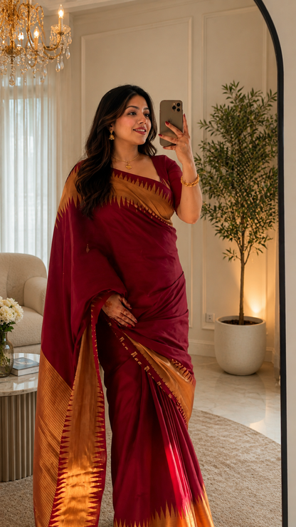 Banarasi Silk Saree with Temple Border and Matching Blouse