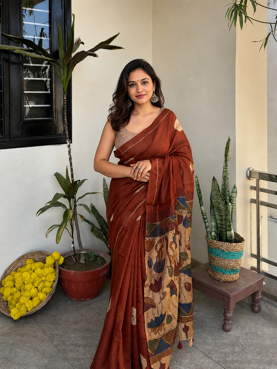 Soft Linen Cotton Kalamkari Saree | Brown Color | Blouse Included
