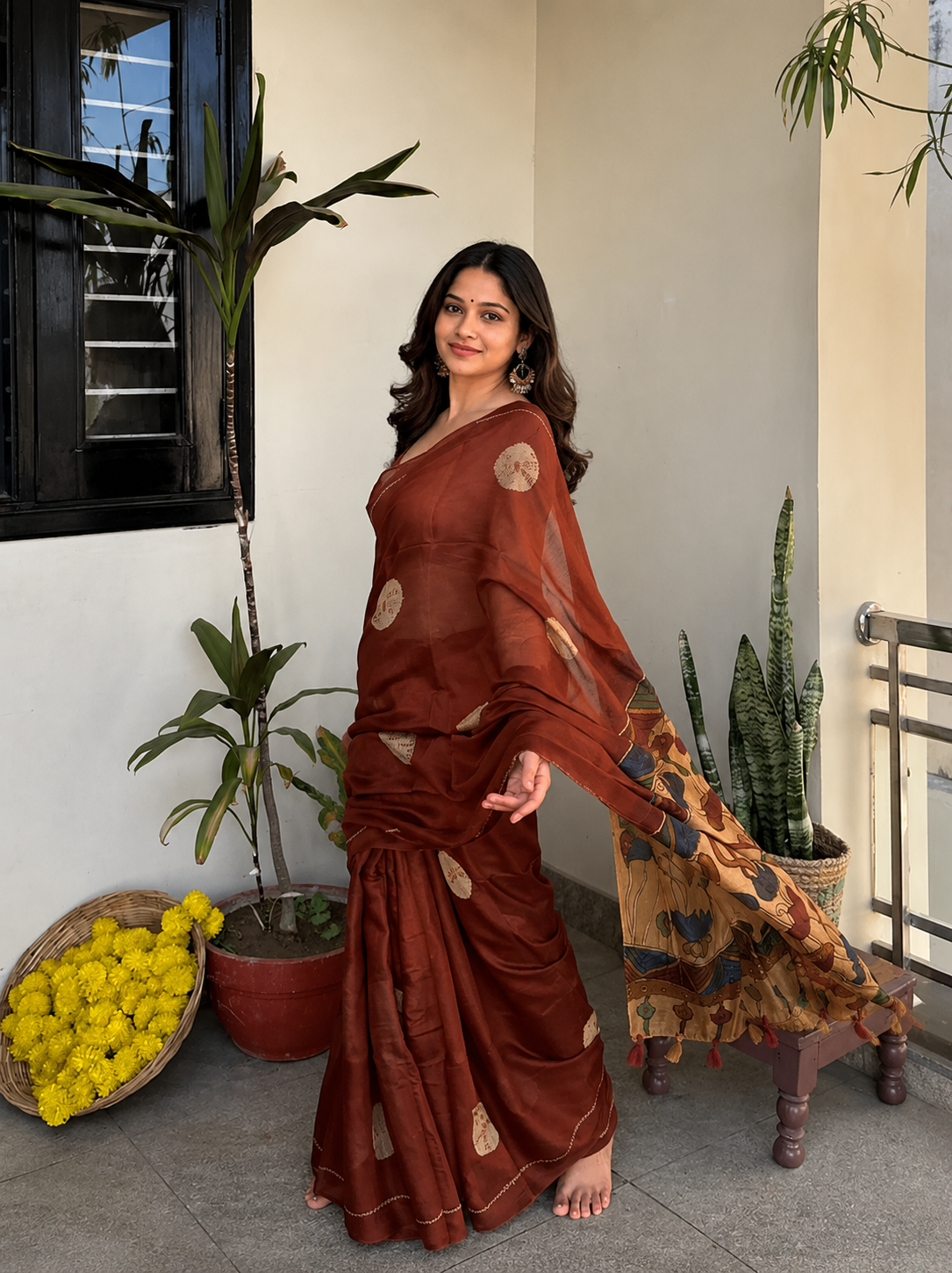 Soft Linen Cotton Kalamkari Saree | Brown Color | Blouse Included