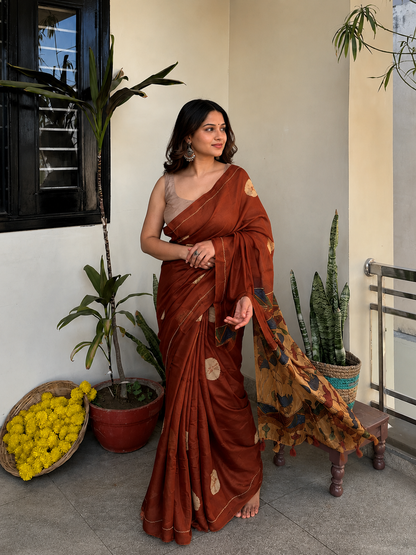 Soft Linen Cotton Kalamkari Saree | Brown Color | Blouse Included