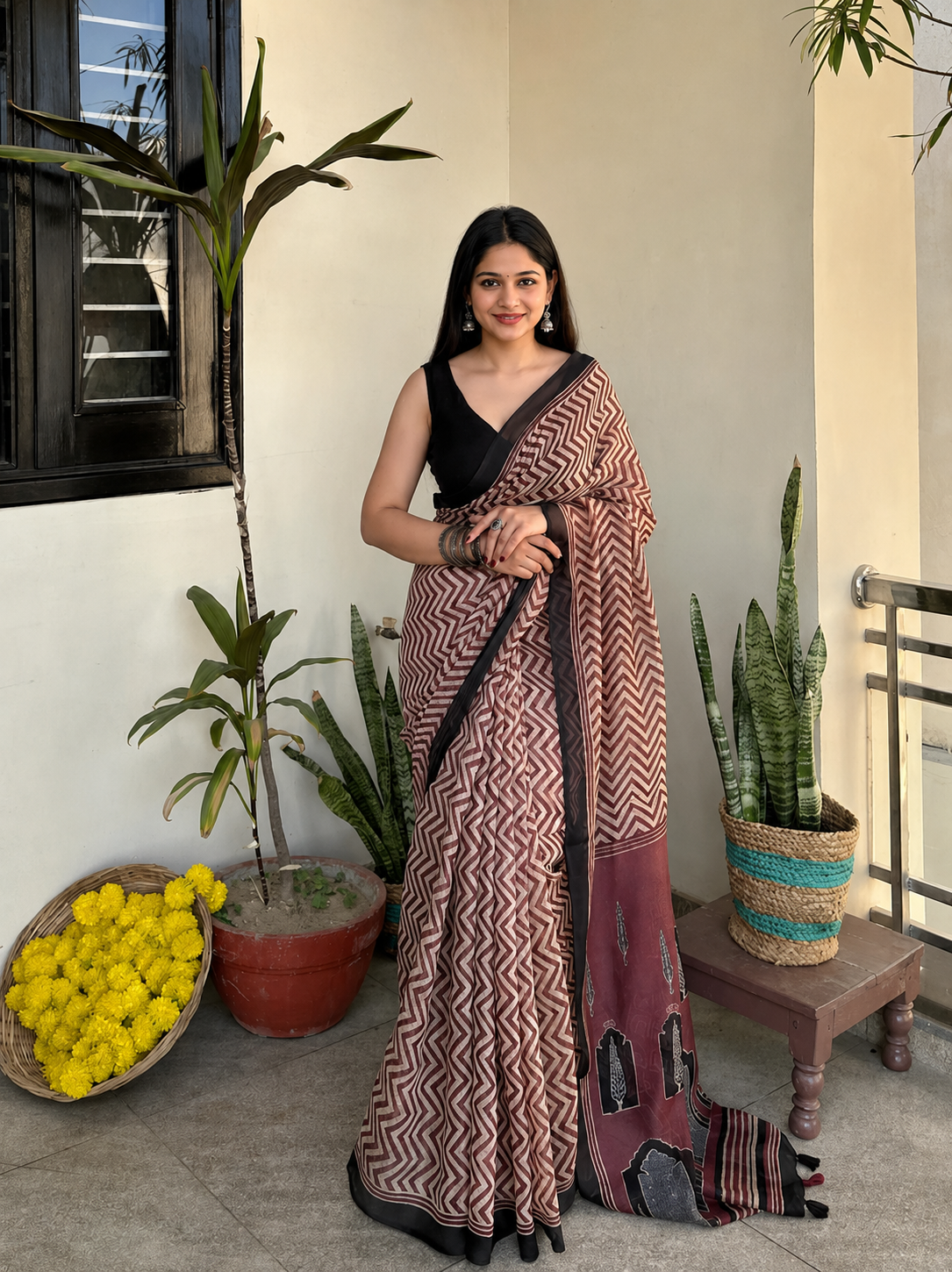 Soft Linen Cotton Zig Zag Printed Saree