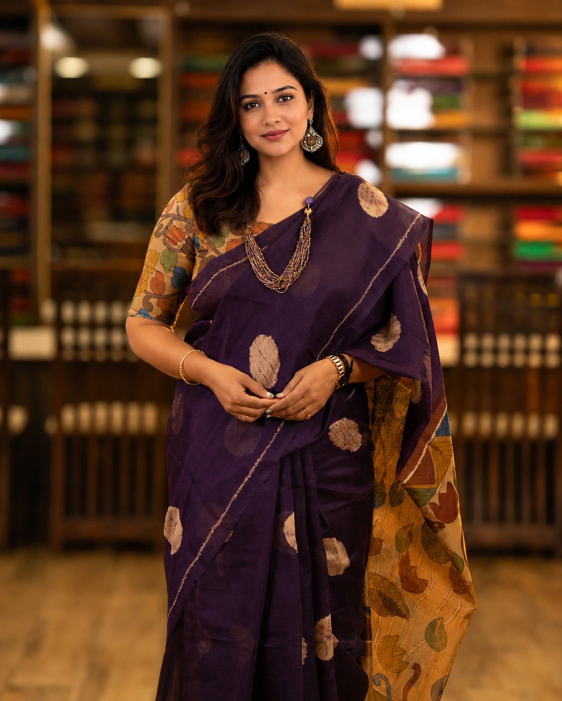 Soft Linen Cotton Kalamkari Saree | Wine Color | Blouse Included