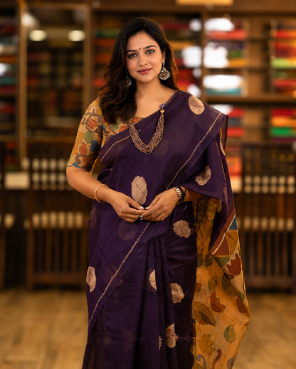 Soft Linen Cotton Kalamkari Saree | Wine Color | Blouse Included