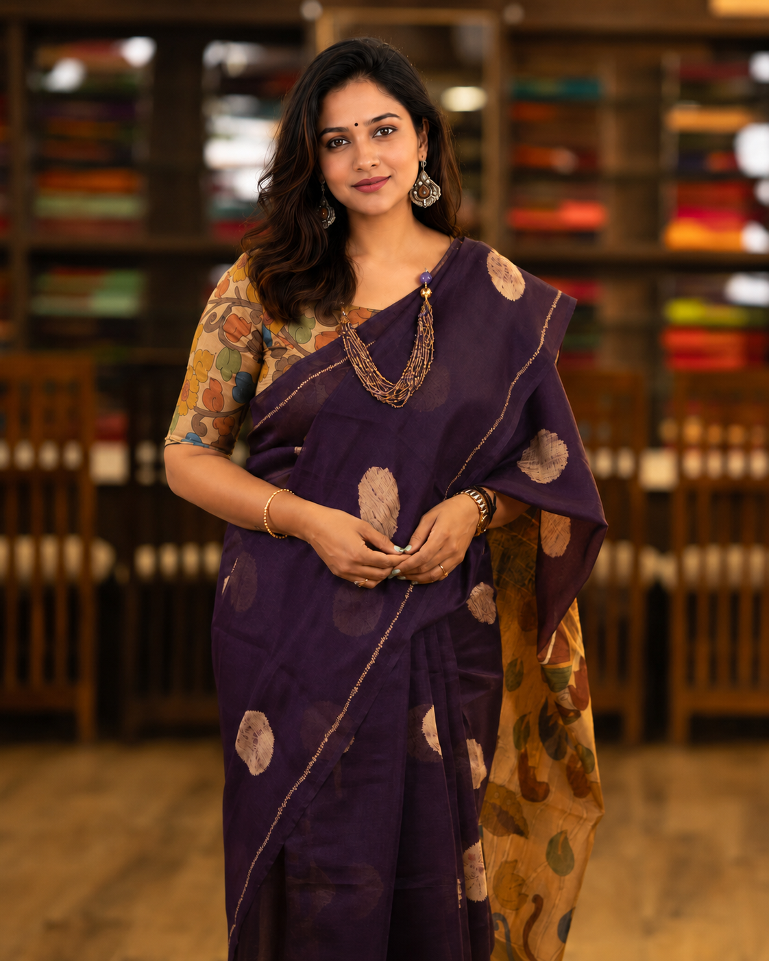 Soft Linen Cotton Kalamkari Saree | Wine Color | Blouse Included
