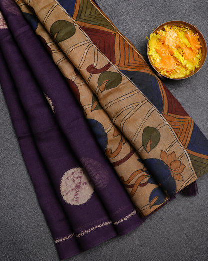 Combo of 2 Cotton Kalamkari Saree = Wine +Brown (including Blouse)