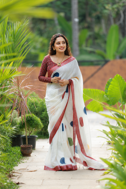 Traditional Linen Cotton Saree with Colorful Circle Prints