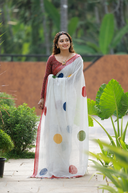 Traditional Linen Cotton Saree with Colorful Circle Prints