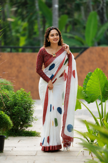 Traditional Linen Cotton Saree with Colorful Circle Prints