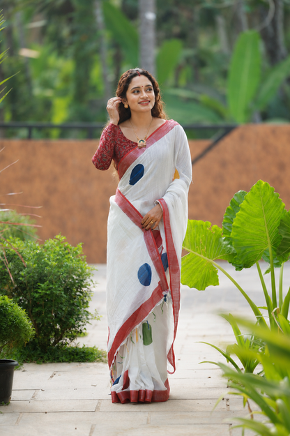 Traditional Linen Cotton Saree with Colorful Circle Prints