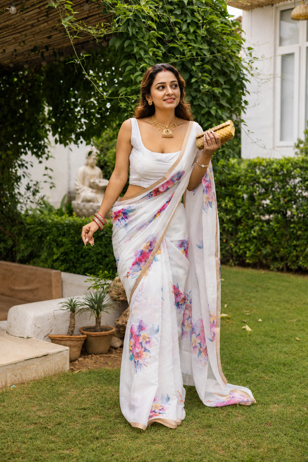 Luxury Floral Linen Saree for Festive Wear