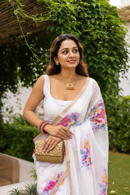 Luxury Floral Linen Saree for Festive Wear