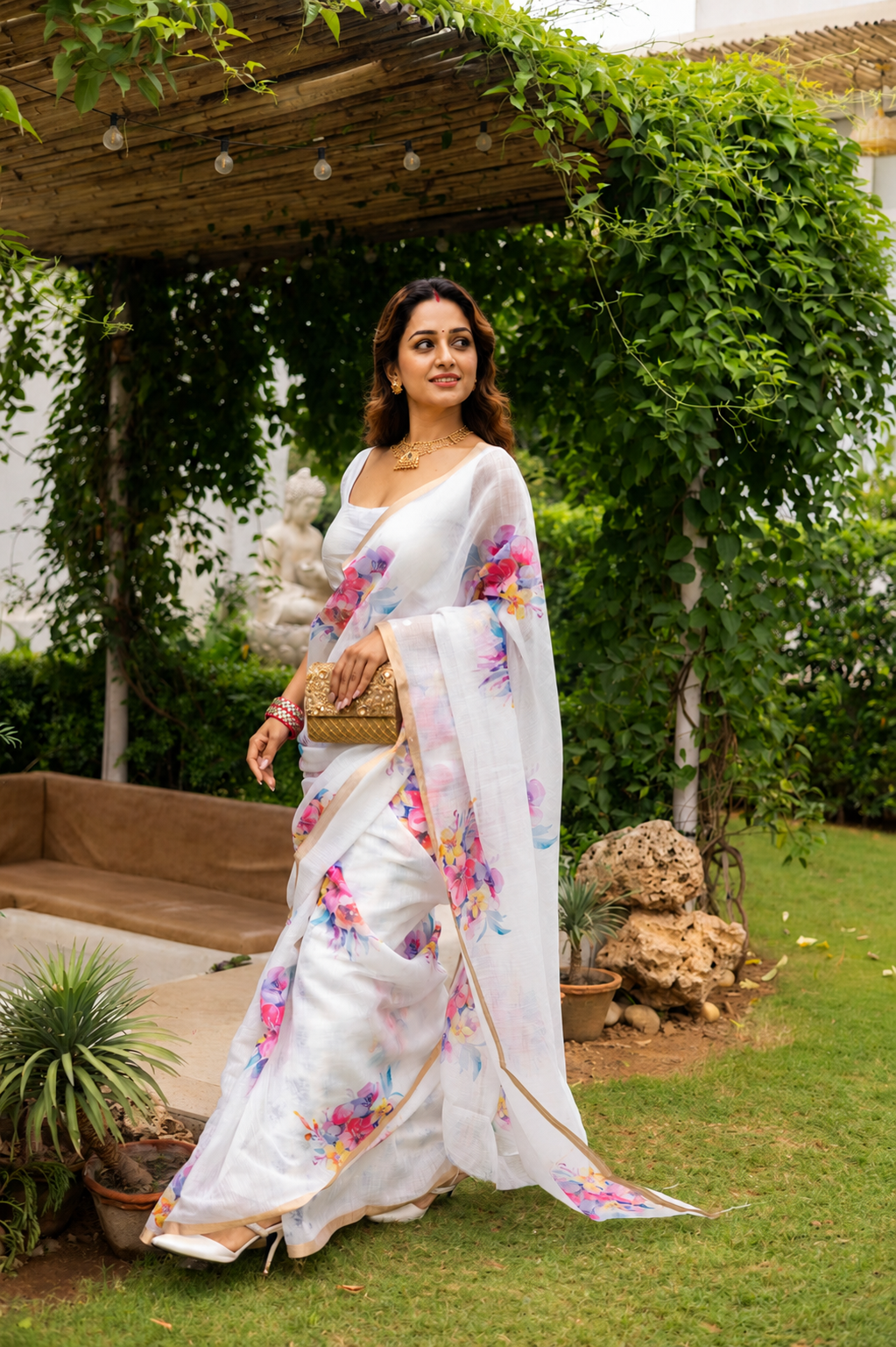 Luxury Floral Linen Saree for Festive Wear
