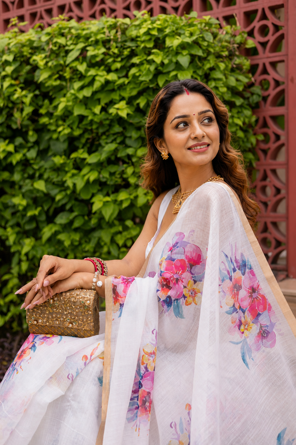Luxury Floral Linen Saree for Festive Wear