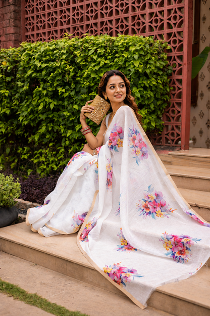 Luxury Floral Linen Saree for Festive Wear