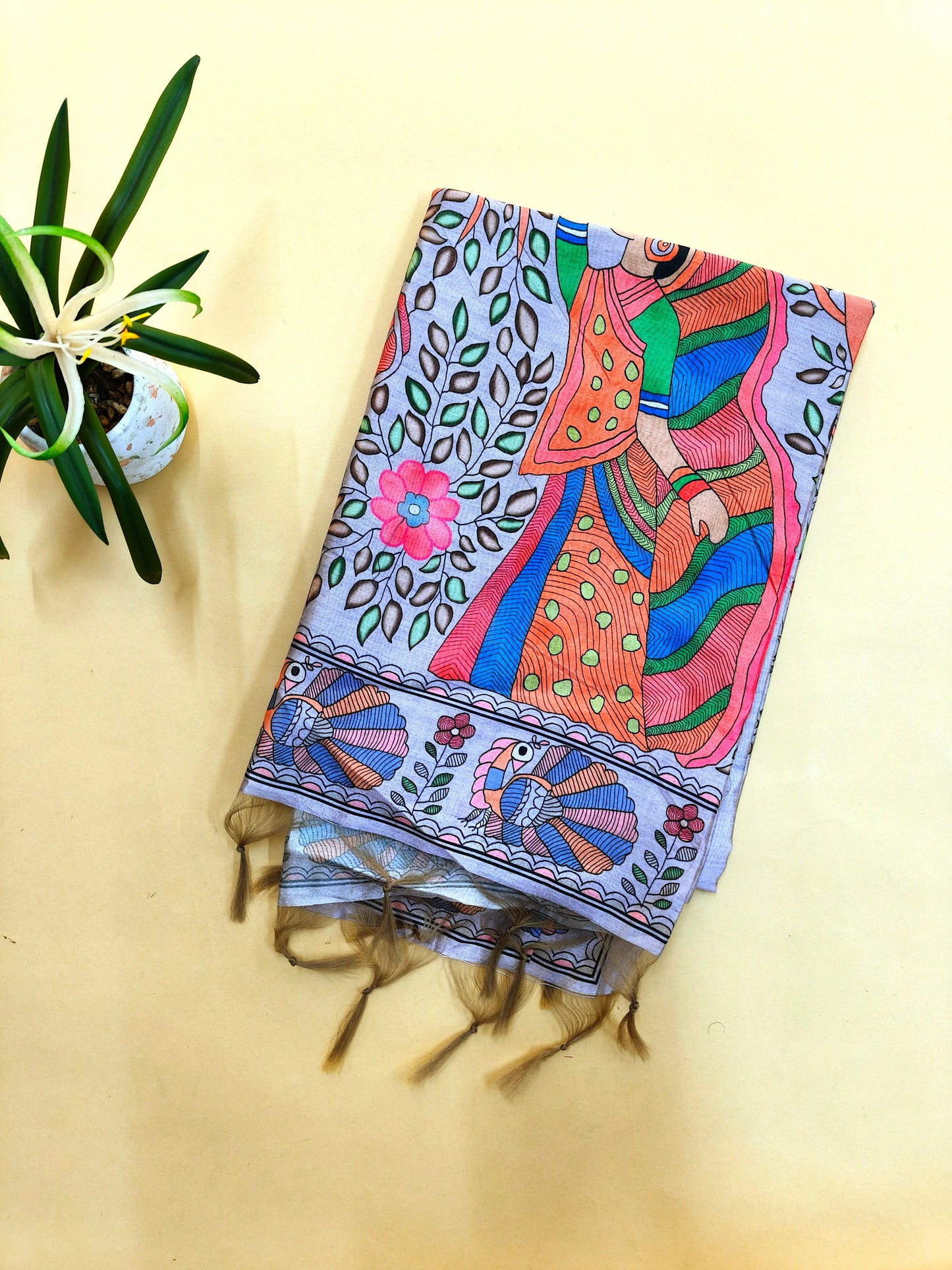 Tussar Silk Saree Madhubani Printed Pallu - GREY