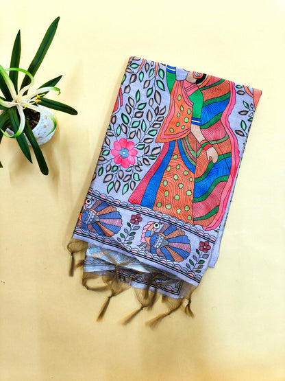 Tussar Silk Saree Madhubani Printed Pallu - GREY