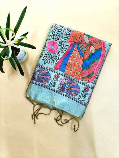 Tussar Silk Saree Madhubani Printed Pallu - PISTA