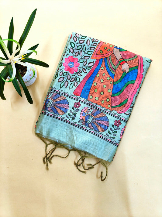 Tussar Silk Saree Madhubani Printed Pallu - PISTA