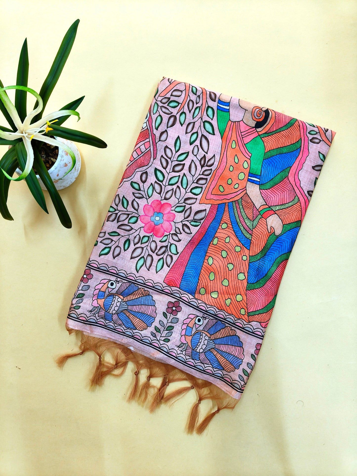 Tussar Silk Saree Madhubni Printed Pallu - PEACH