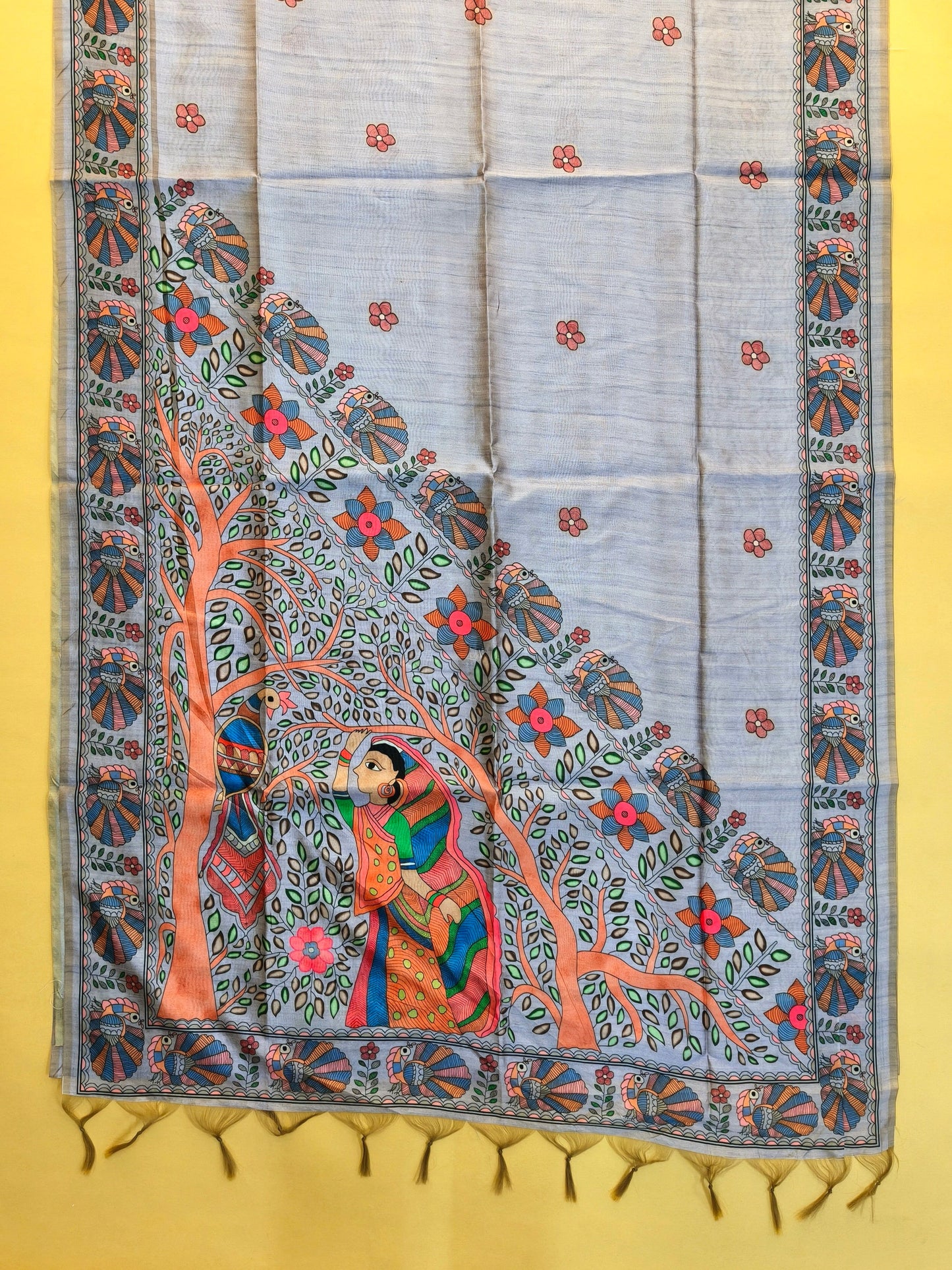 Tussar Silk Saree Madhubani Printed Pallu - GREY