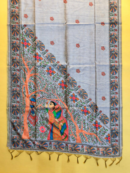 Tussar Silk Saree Madhubani Printed Pallu - GREY