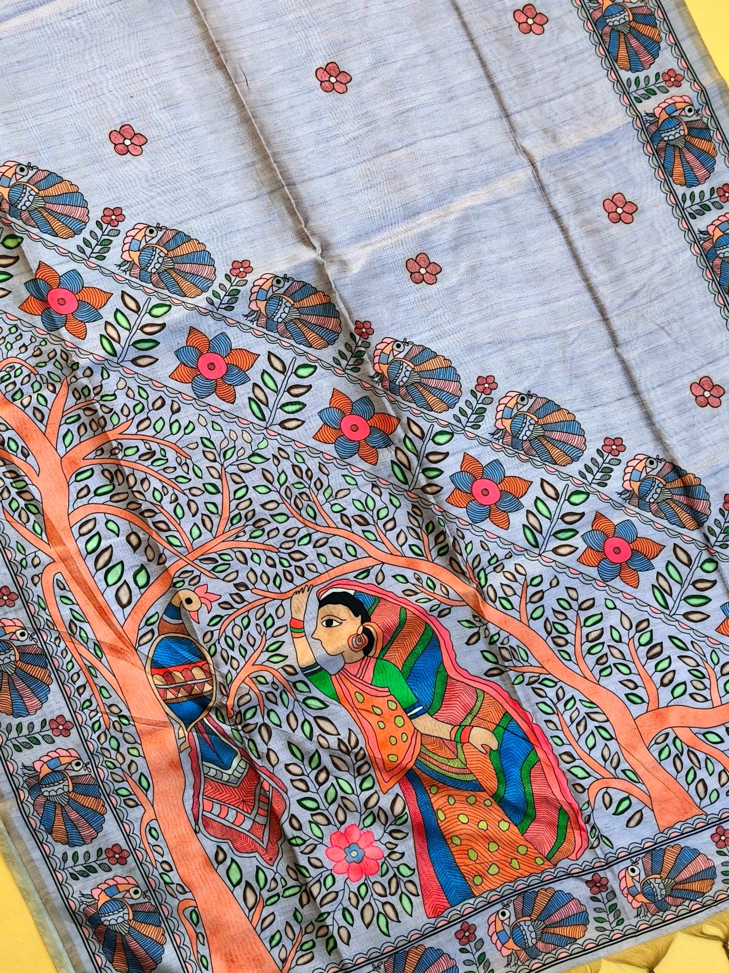 Tussar Silk Saree Madhubani Printed Pallu - GREY