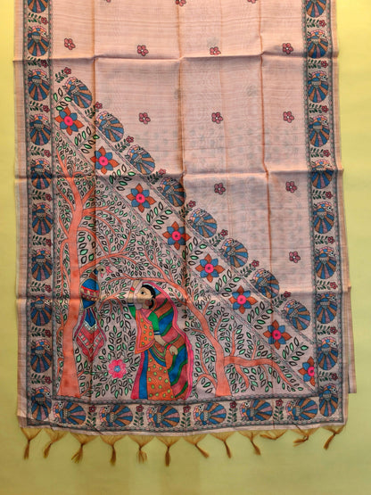 Tussar Silk Saree Madhubni Printed Pallu - PEACH