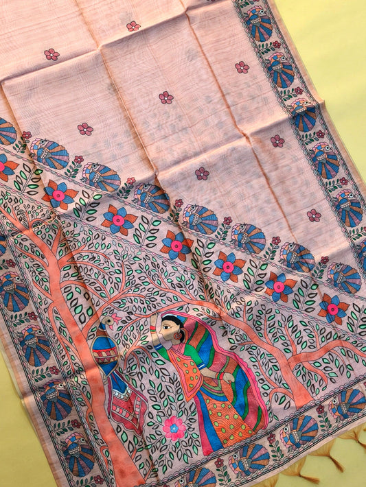 Tussar Silk Saree Madhubni Printed Pallu - PEACH