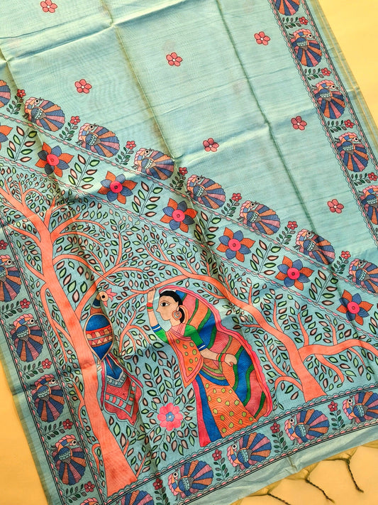 Tussar Silk Saree Madhubani Printed Pallu - PISTA
