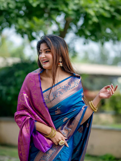 Soft Banarasi Katan Silk Pallu Saree - BLUE