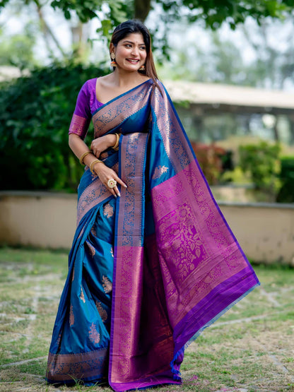 Soft Banarasi Katan Silk Pallu Saree - BLUE