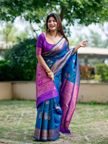 Soft Banarasi Katan Silk Pallu Saree - BLUE
