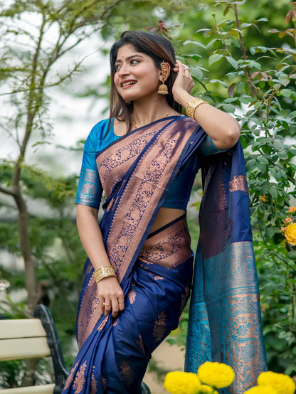 Soft Banarasi Katan Silk Pattu Saree - NAVY BLUE