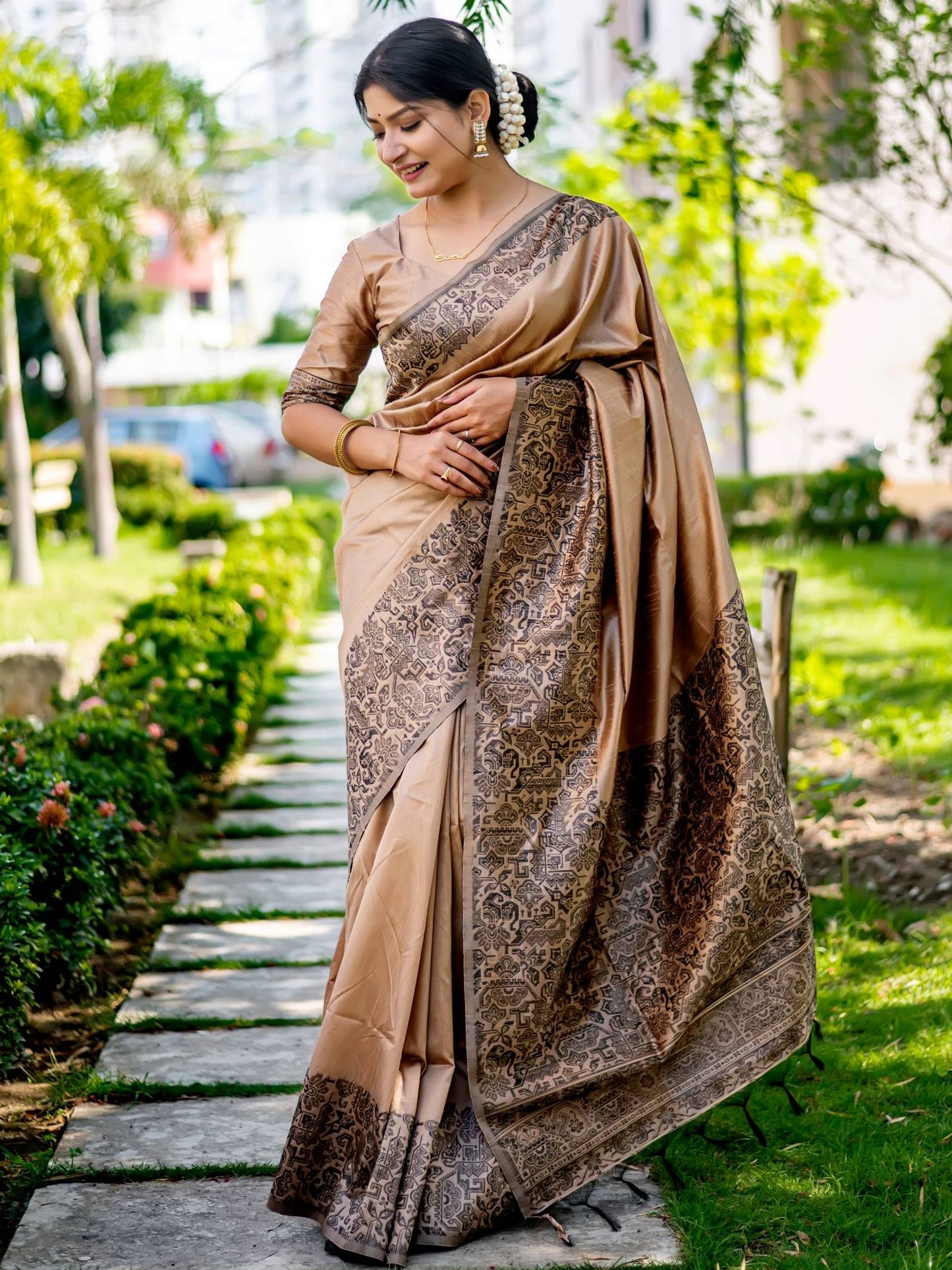 Handloom raw silk saree - CHIKU