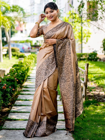 Handloom raw silk saree - CHIKU