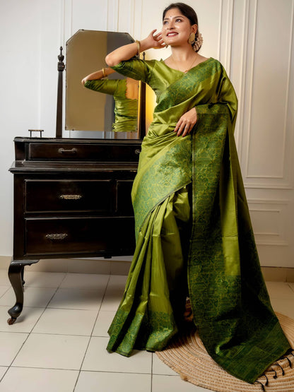 Handloom raw silk saree - MEHENDI