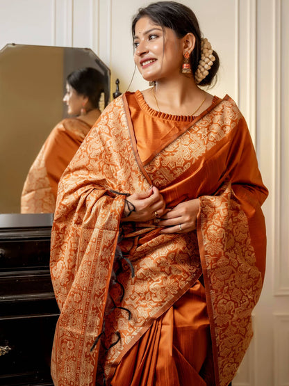 Handloom raw silk saree - ORANGE