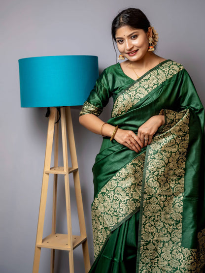 Handloom raw silk saree - GREEN