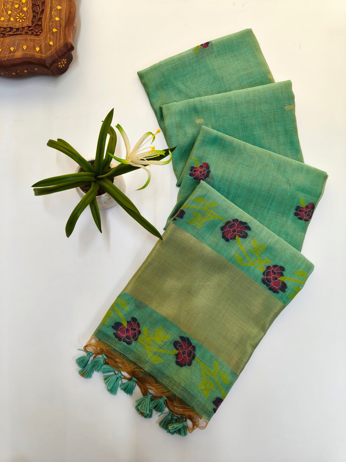 Firozi Muga Cotton Saree | Floral Motif | Golden Zari Border | Ethnic Wear