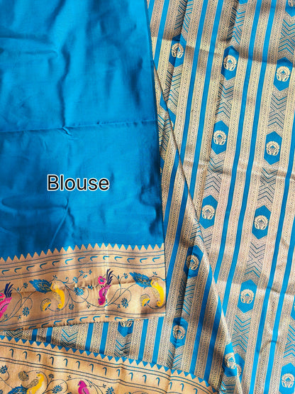 Banarsi Paithani Copper Zari Silk Saree- Firozi
