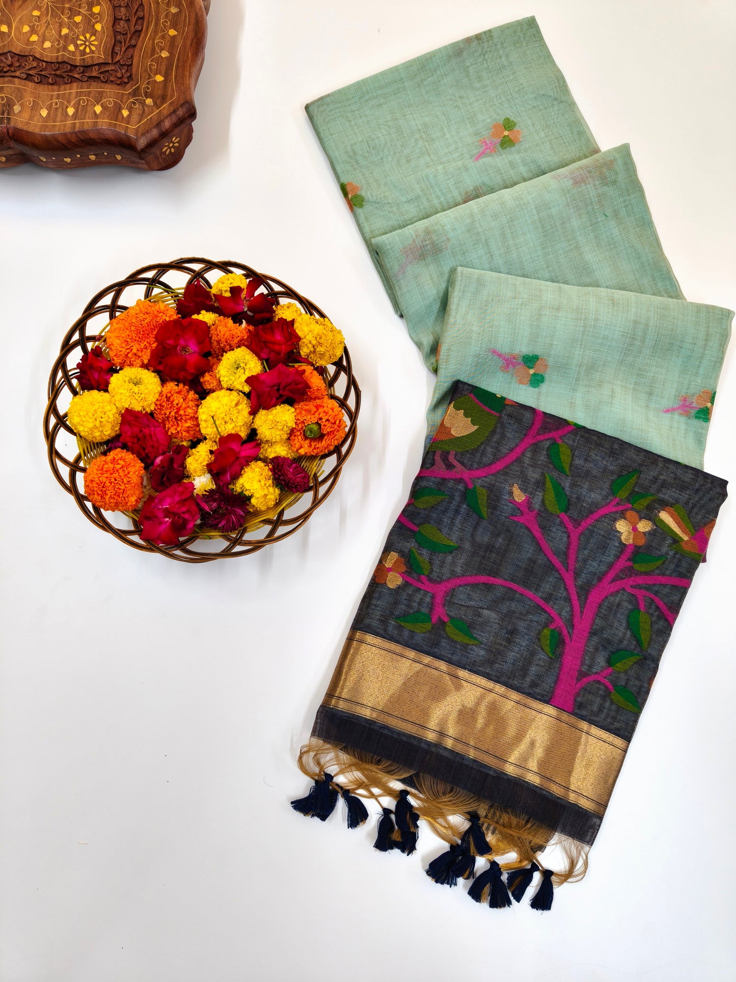 Muga Cotton Saree with Bird Motif With Contrast Blouse -FIROZI